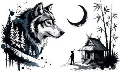 This multi-element ink wash style image features a striking profile of a wolf emerging from a forest, a crescent moon, a traditional wooden cabin, and a solitary figure standing. 