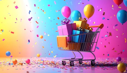 A shopping cart overflowing with colorful gift boxes and balloons amidst a shower of confetti against a vibrant, gradient background.