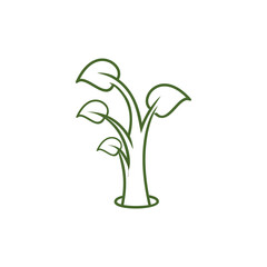 A minimalist green line art icon of a young plant with multiple leaves sprouting from a hole.