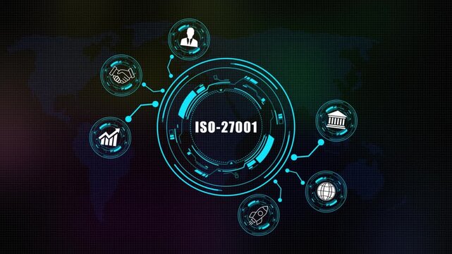 Futuristic Concept of iso-27001 with Digital Network and Global Connectivity on world map background .