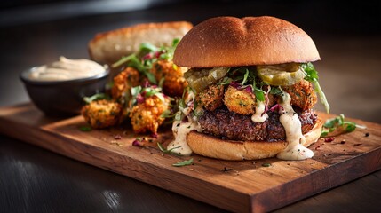 Delicious gourmet burger with crispy fried pickles, fresh greens, and creamy sauce served on a rustic wooden board, perfect for food lovers and restaurant menus.