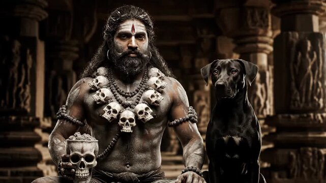 Bhairava, Indian Ascetic with Dog - A powerful video of a man dressed as Bhairava, a Hindu deity, adorned with skulls and ash, sitting with a black dog in an ancient temple setting.