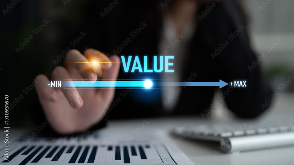 Aufkleber value measurement and adjustment concept showing value, performance, and optimization level with foc