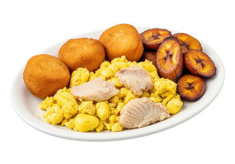 Fototapeta premium Delicious Ghanaian Cuisine: Tatale, Koose, and Fried Plantain on White Plate