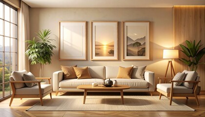 Fototapeta premium Inviting modern living room interior design with comfortable furniture, natural light filtering through large windows, and serene framed nature artwork creating a peaceful home atmosphere
