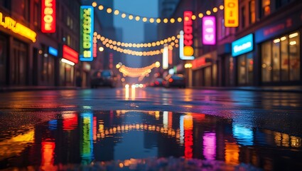 City street at night reflections of neon lights