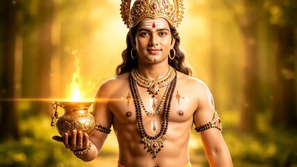 Dhanvantari, Indian God of Medicine, Amrita Pot - A young man, costumed as the Hindu deity Dhanvantari, holds a glowing amrita pot.