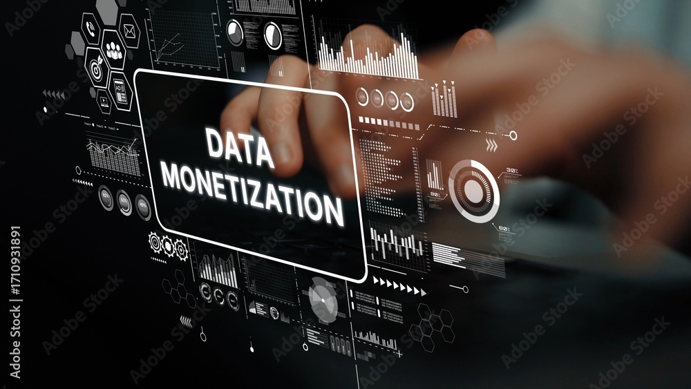 Poster conceptual image depicting data monetization strategy with digital graphics and keyboard interaction