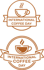 International coffee day outline illustration with cup ribbon banner and steam minimal brown vector cafe shop beverage icon poster branding and hot drink celebration