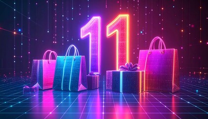 Neon number eleven with shopping bags and gift boxes on a reflective surface, against a dark, grid-like background.