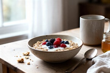 Imperfect natural-light breakfast bowl in a cozy kitchen