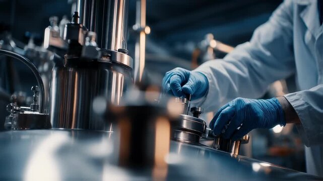 Closeup medium shot on hands operating specialized blending equipment industrial environment softly out of focus to emphasize proprietary solutions.