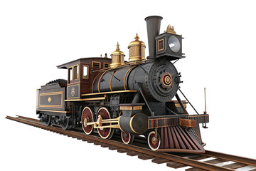 Fototapeta premium Vintage steam locomotive on tracks with wooden cabin and shiny brass details historical image