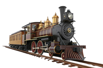 Historic steam locomotive on railroad track with vintage design and wooden carriage attached