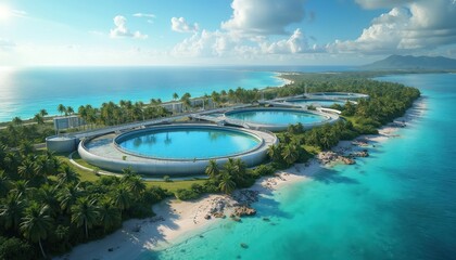 Aerial view shows circular aquaculture farms near ocean. Palms surround farm structures on coast. Future of aqua farming, sustainable agriculture tech innovation. Blue sea water surrounds the farm.