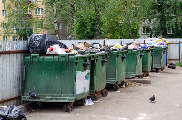 Pigeons scavenging among overflowing trash bins in urban environment