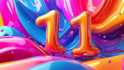 Two golden numbers "11" stand out against a vibrant, multicolored abstract background with a glossy, fluid-like texture.