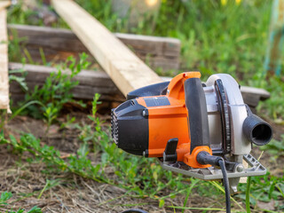 Powerful electric planer for woodworking projects outdoors