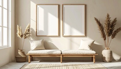 Two vertical wooden frames mockup in a sunlit, minimalist living room with Boho decor and dried pampas grass