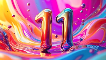 Two shiny, metallic number eleven figures stand against a vibrant, swirling, abstract background of colorful liquid paint.