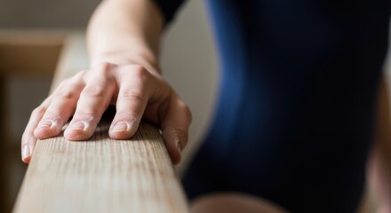 Close-up of female hand on wooden beam in gym setting