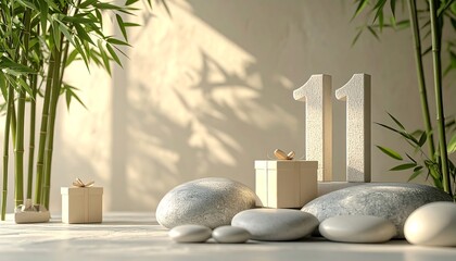 Minimalist scene with bamboo stalks, smooth stones, gift boxes, and the number eleven against a textured wall with dappled sunlight.