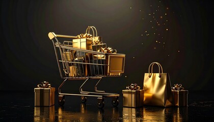 Golden shopping cart filled with wrapped gift boxes and bags against a dark background with sparkling dust.