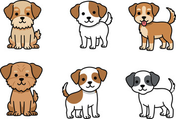Cute cartoon dogs collection, playful puppy vector illustrations, adorable dog characters in sitting and standing poses, pet animal clipart design