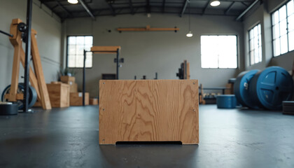 Obraz premium Wooden plyo box stands ready for action in modern gym space. Spacious fitness studio features various strength training equipment for power workouts. Large windows provide natural light. Empty