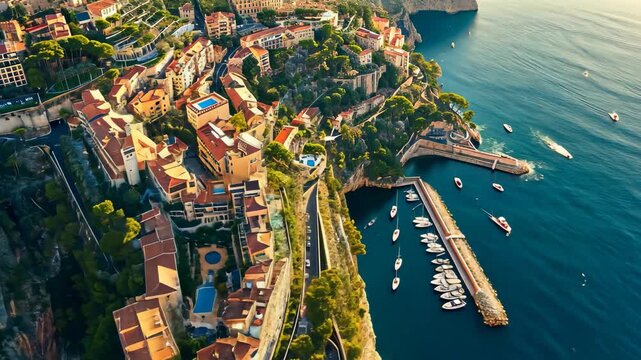 This video captures an expansive view of a city situated on a cliff, showcasing the urban architecture and geographical surroundings, Monaco viewed through the lens from above, AI Generated