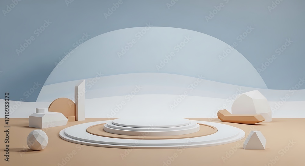 Poster a captivating 3d rendering showcases a minimalist product display podium, featuring a harmonious ble