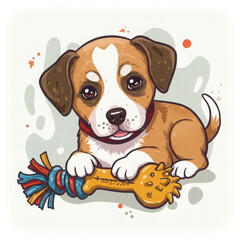 Cute cartoon dog playing with a colorful chew toy on light background  