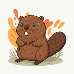 Cartoon baby beaver standing in grass with colorful background  