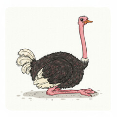 Ostrich standing with a long neck and fluffy feathers on ground  