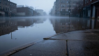 Empty city street submerged under floodwater reflecting buildings in heavy urban flooding
