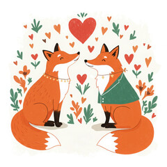 Cute foxes in love with floral background and heart decorations  