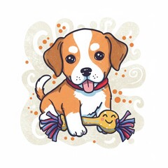 Cartoon puppy playing with chew toy and smiling happily  