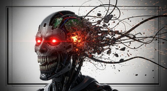 Closeup of a terrifying cyborg head with glowing red eyes, its skull broken and wires exploding outwards