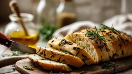Detailed view of freshly baked rosemary olive bread slices arranged neatly shallow depth of field accentuating custom herbal infusion against soft kitchen surroundings.