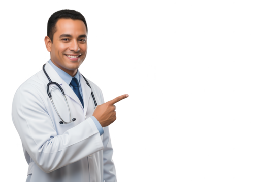 Friendly Doctor Pointing Right on White Background