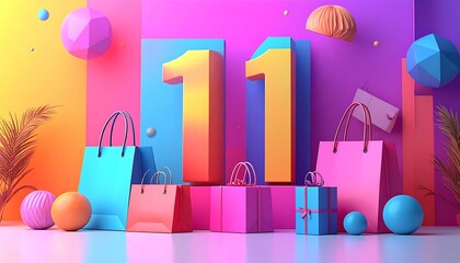 Colorful 3D illustration showcasing shopping bags and gifts arranged around the number 11, promoting a sale or special event.
