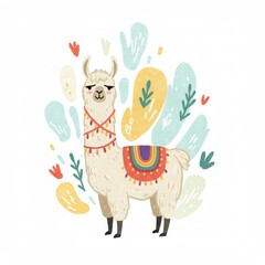 Colorful llama illustration with decorative patterns and foliage  