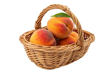 Fresh juicy peaches in wicker basket isolated on white background healthy organic fruit display