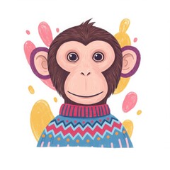 Cartoon monkey wearing a colorful sweater with playful background  