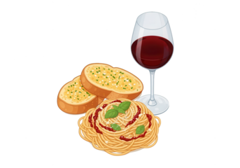 Spaghetti with Garlic Bread and Red Wine - Classic Italian Meal Illustration