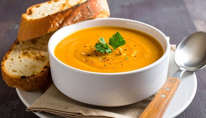 A bowl of vibrant orange pumpkin soup, garnished with fresh parsley and pepper, is served alongside toasted bread slices.