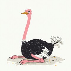 Ostrich sitting on the ground with colorful feathers and a playful pose  