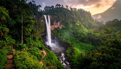 Lush tropical landscape showcases a dramatic waterfall cascading down a rocky cliff face, bathed in the golden light of sunrise.