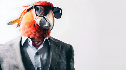 A parrot dressed in a suit and sunglasses, presenting a stylish and humorous appearance.