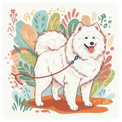 Happy Samoyed dog standing with a leash in colorful floral background  